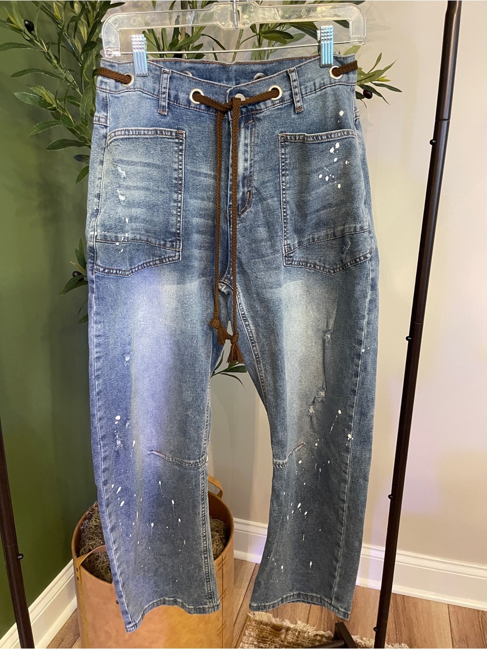 Amazon Women's Light Blue Denim Wide-Leg Jeans with Brown Drawstring